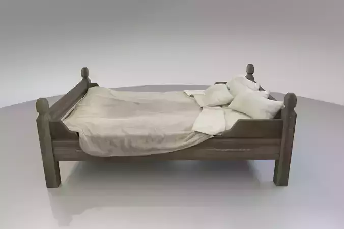 Rustic old wooden bed Low-poly 3D model