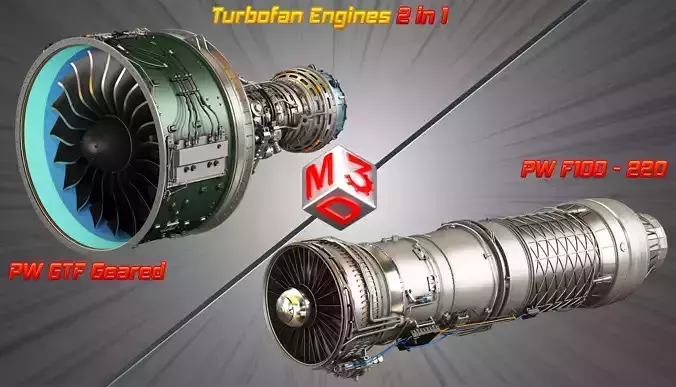 PW GTF Geared - PW F100 - 220 - Turbofan Engines 2 in 1 3D Model Collection