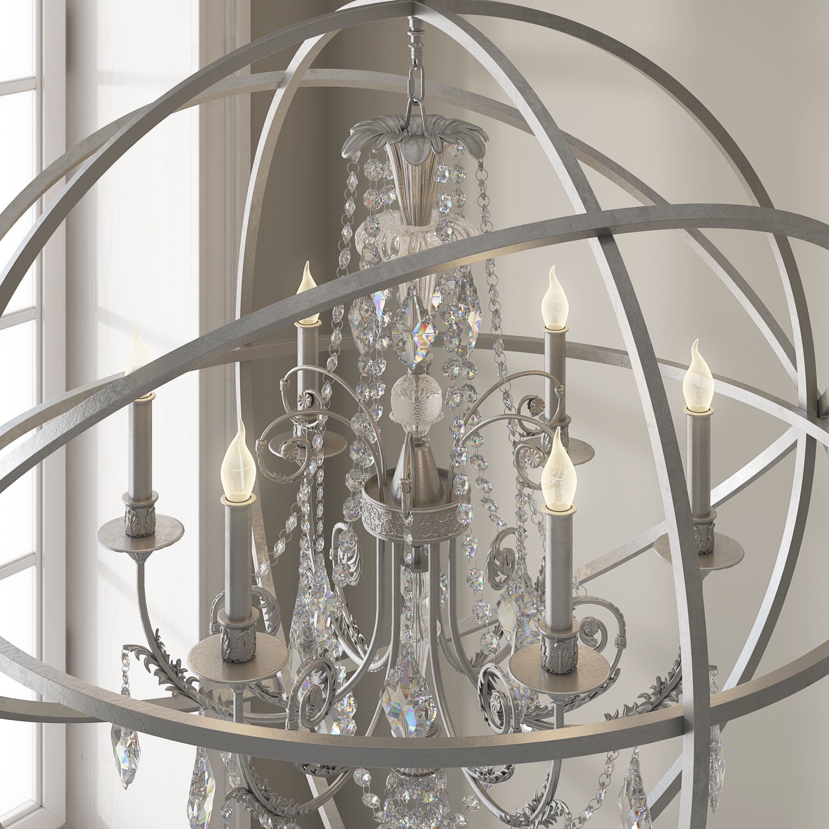 CRYSTORAMA SOLARIS 6 LIGHT CRYSTAL SILVER SPHERE CHANDELIER 3D model_2
