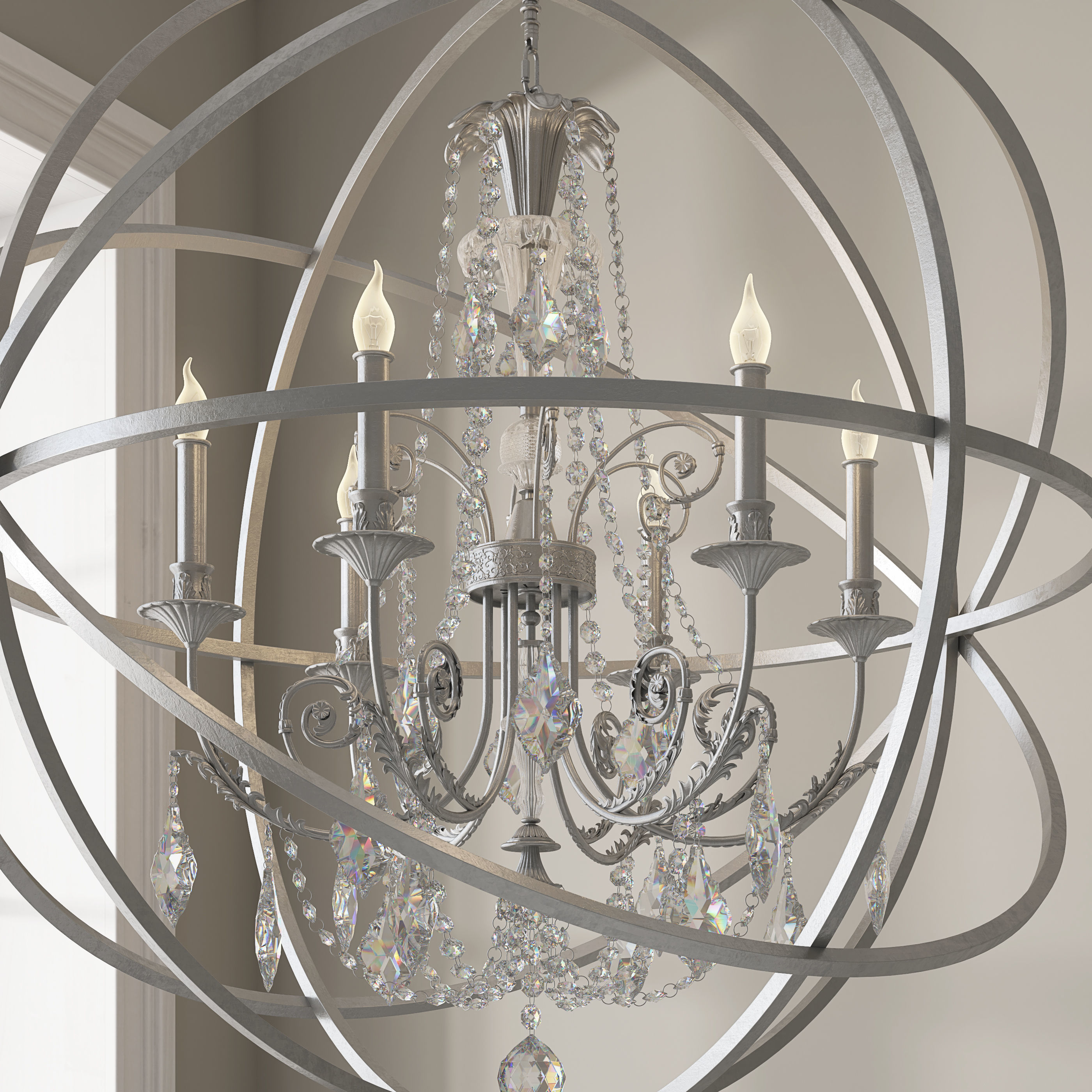 CRYSTORAMA SOLARIS 6 LIGHT CRYSTAL SILVER SPHERE CHANDELIER 3D model_1