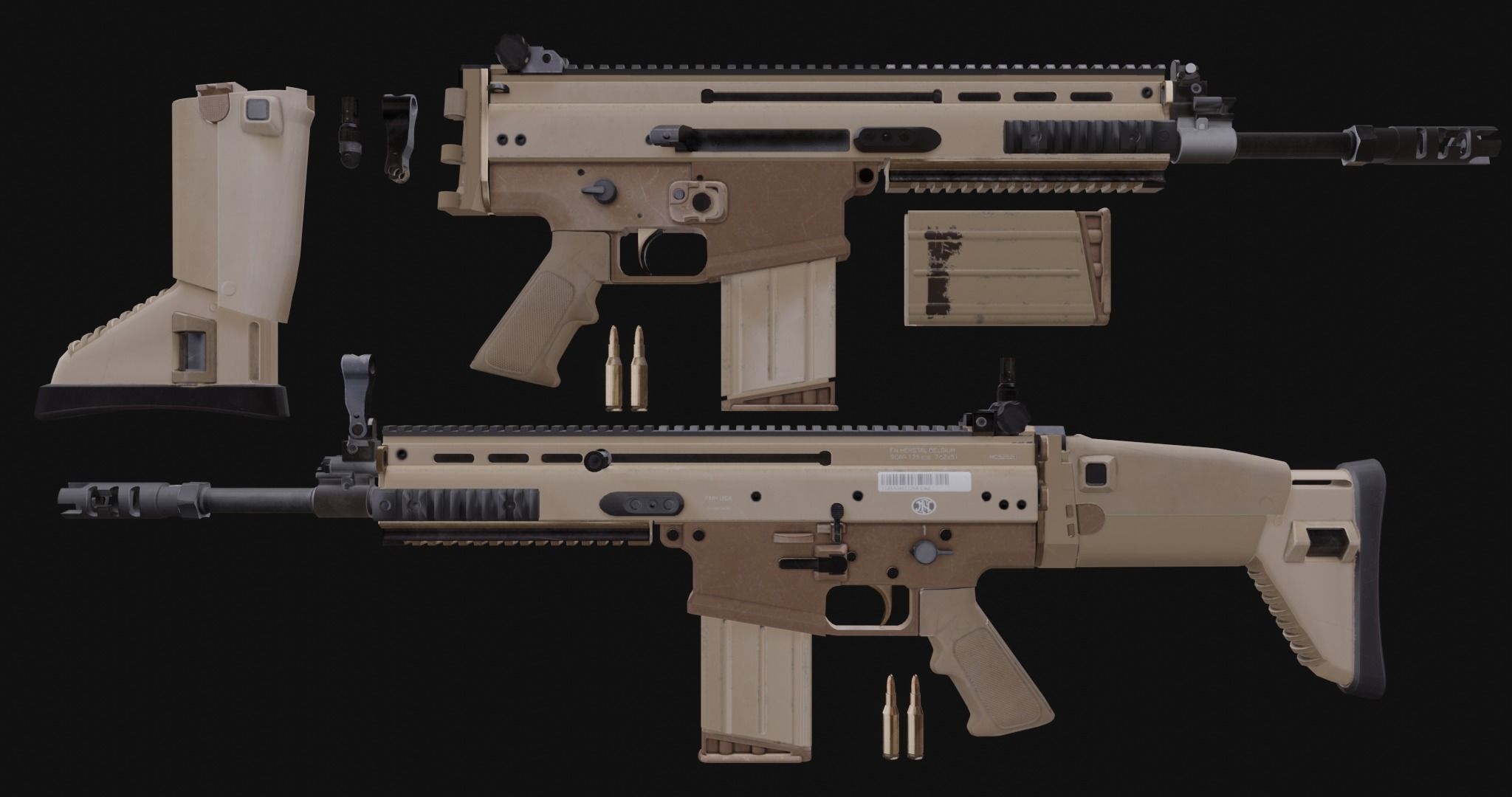 Low Poly Game ready Fn-Scar tan rifle Low-poly 3D model_1