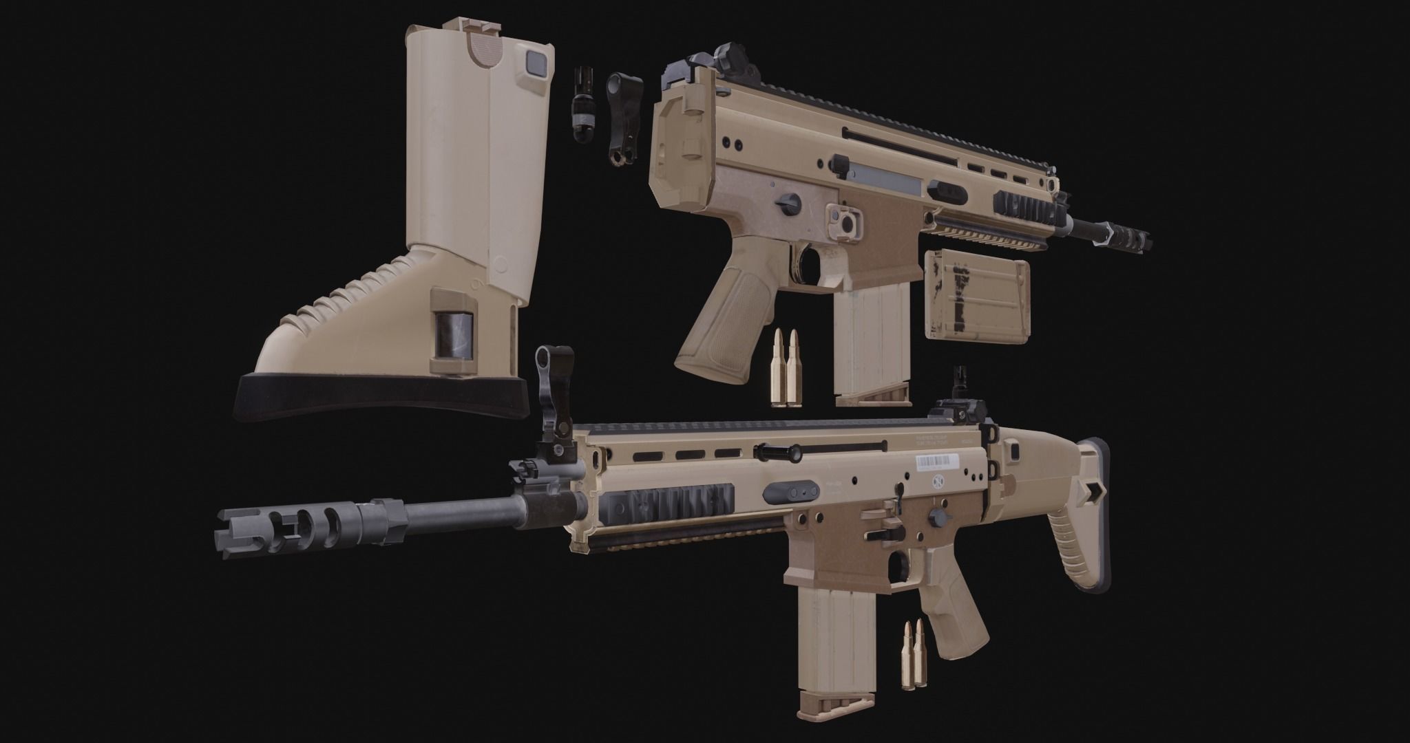 Low Poly Game ready Fn-Scar tan rifle Low-poly 3D model_6