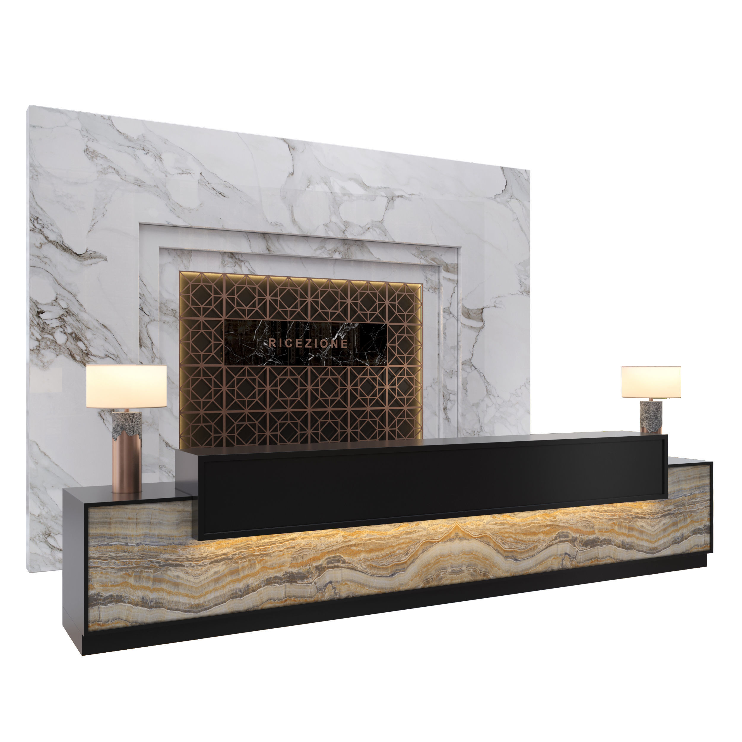Reception marble and gold desk 3D model_1
