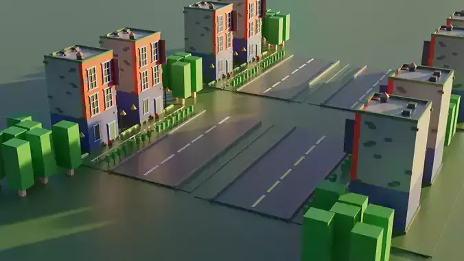 Low Poly Street city with buildings and roads