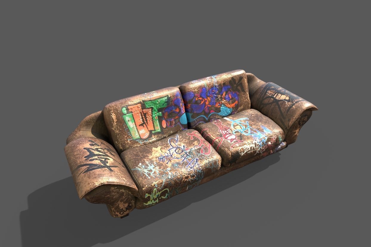 Worn Leather Sofa With Graffiti 3D model_1