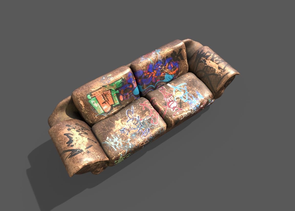 Worn Leather Sofa With Graffiti 3D model_5
