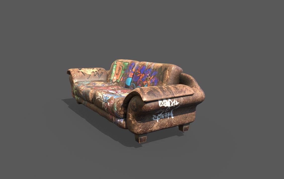 Worn Leather Sofa With Graffiti 3D model_4