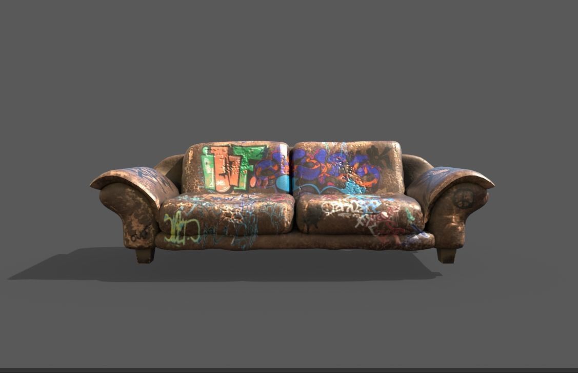 Worn Leather Sofa With Graffiti 3D model_2