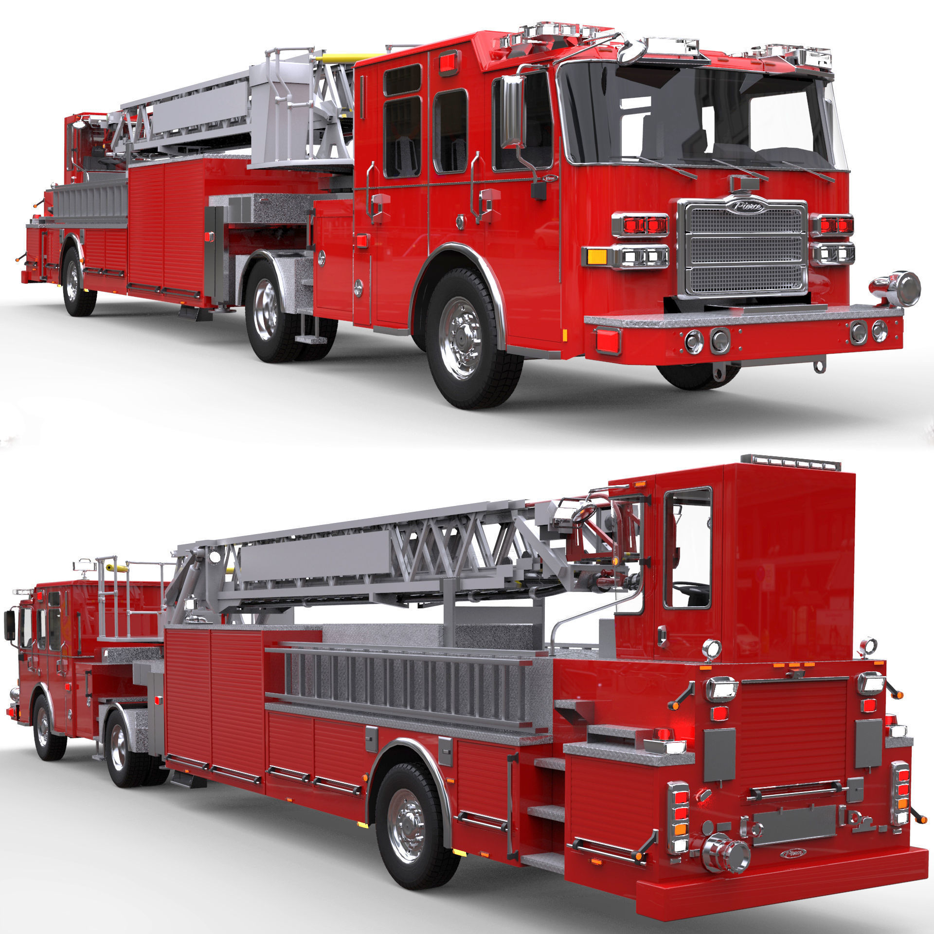 Firetruck Pierce Ascendant 107 Heavy-Duty Tiller Aerial Ladder Low-poly 3D model_6