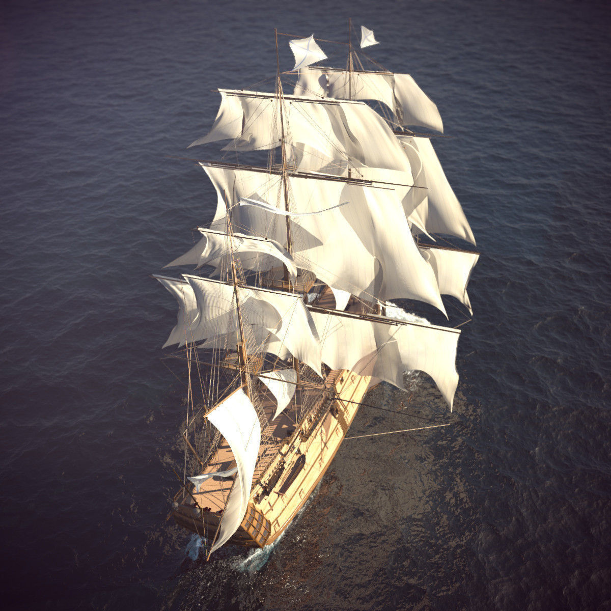Ship Animated Sail and foam with splashes 3D model_9