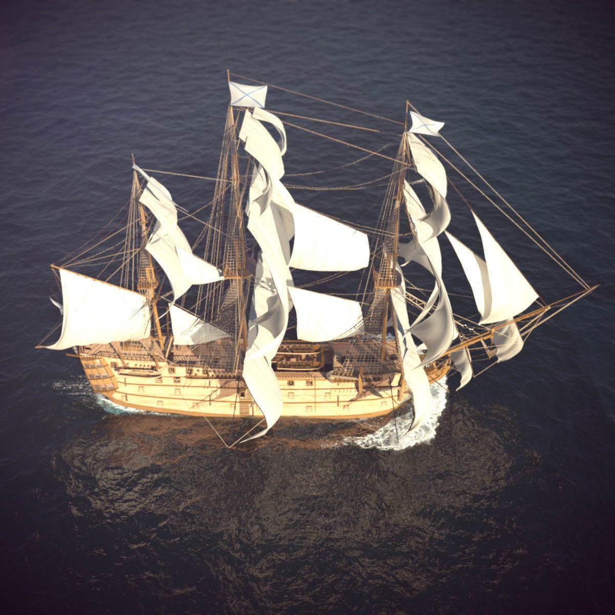 Ship Animated Sail and foam with splashes 3D model_6