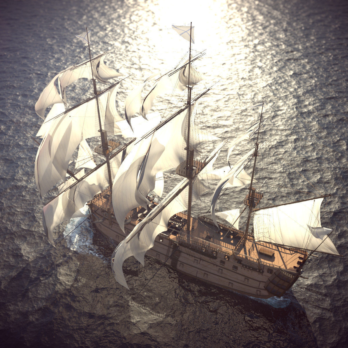 Ship Animated Sail and foam with splashes 3D model_10