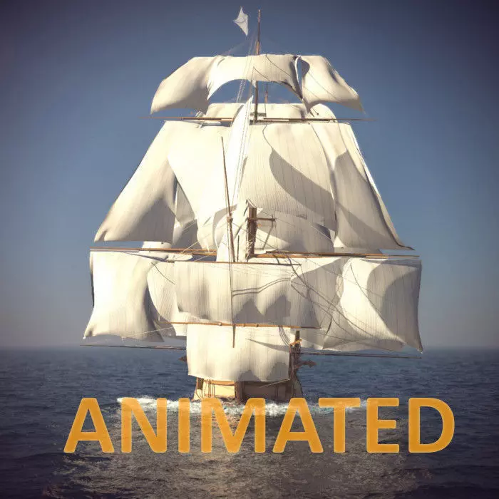 Ship Animated Sail and foam with splashes 3D model_0