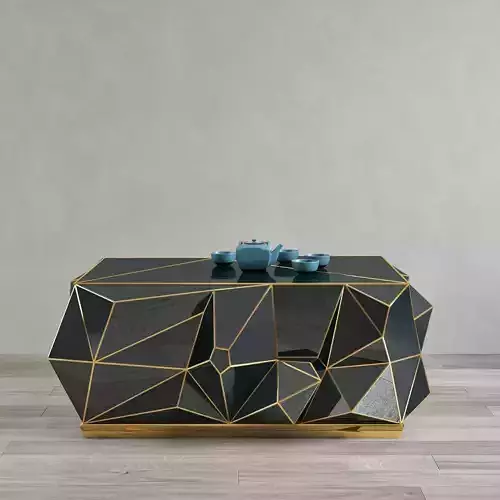 Geometric Black Glass and Brass Coffee Table