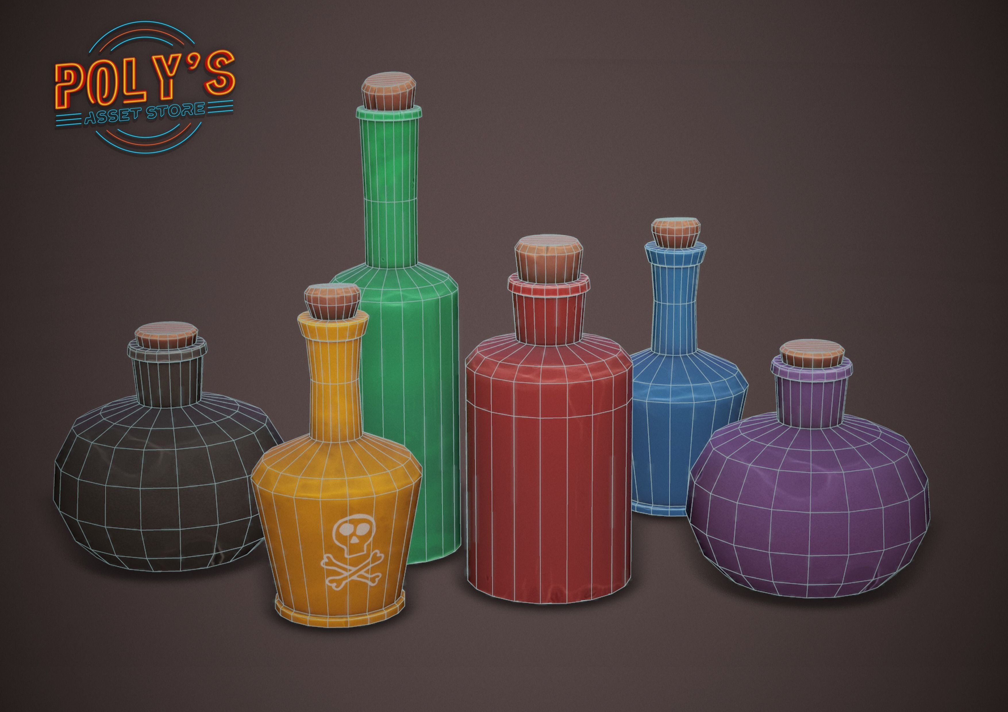 Potion Bottles - 6 colours - Stylized Low Poly Low-poly 3D model_3