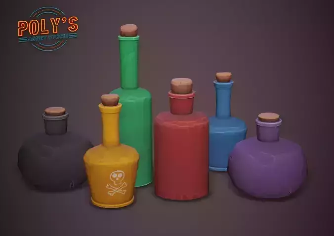 Potion Bottles - 6 colours - Stylized Low Poly