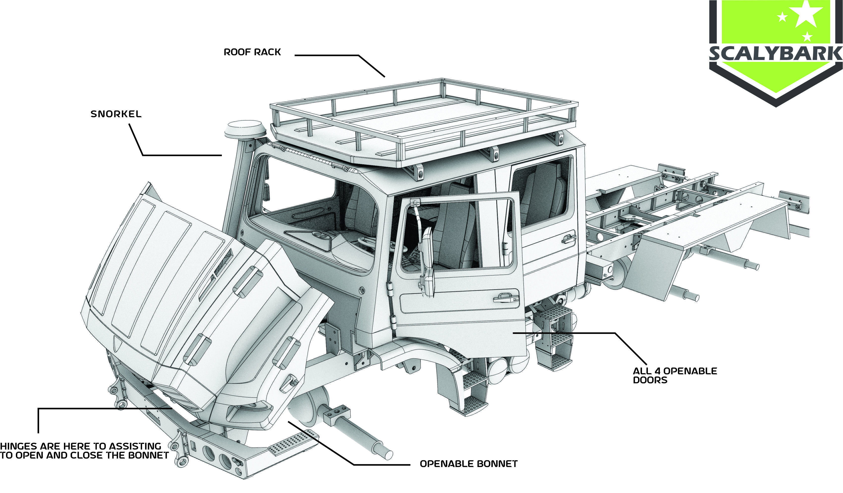 Mercedes Benz Zetros truck crew cab and chassis STL 3D print model_15