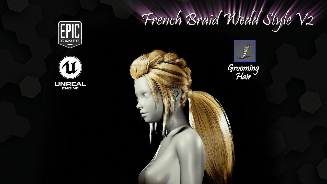 French Braid Ponytail Wedd Style V2 Groom For UE4 Low-poly 3D model_9