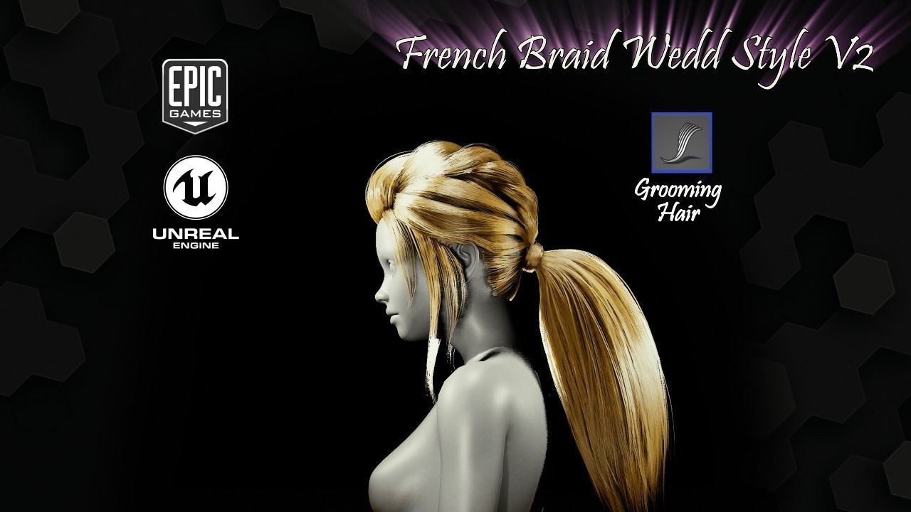 French Braid Ponytail Wedd Style V2 Groom For UE4 Low-poly 3D model_7