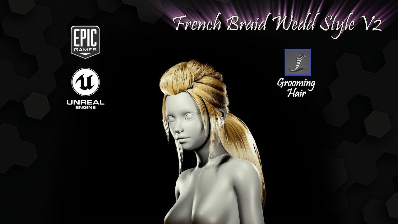 French Braid Ponytail Wedd Style V2 Groom For UE4 Low-poly 3D model_6