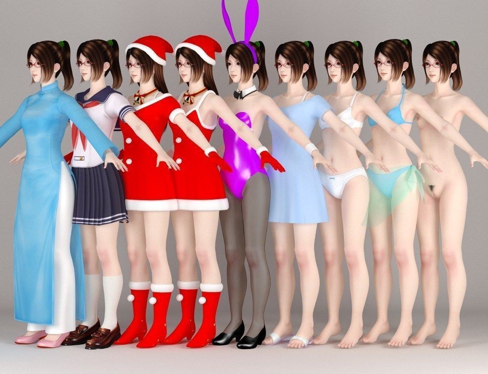  T pose nonrigged model of 10 girls with various outfits 3D model_3