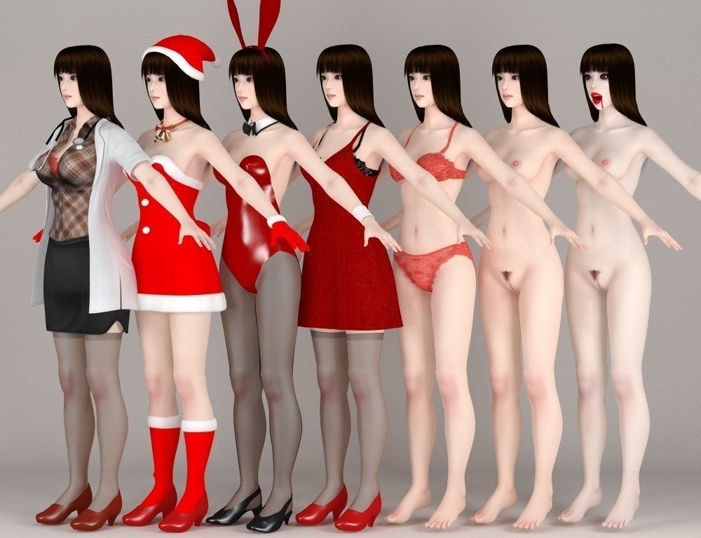  T pose nonrigged model of 10 girls with various outfits 3D model_4