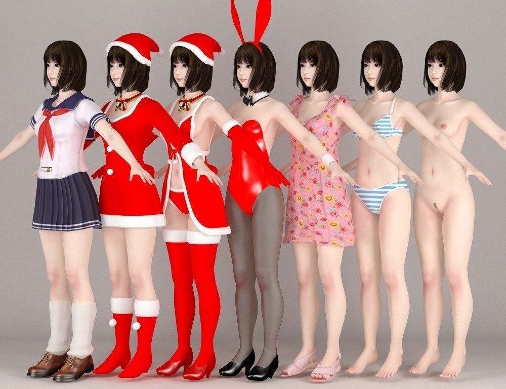  T pose nonrigged model of 10 girls with various outfits 3D model_2
