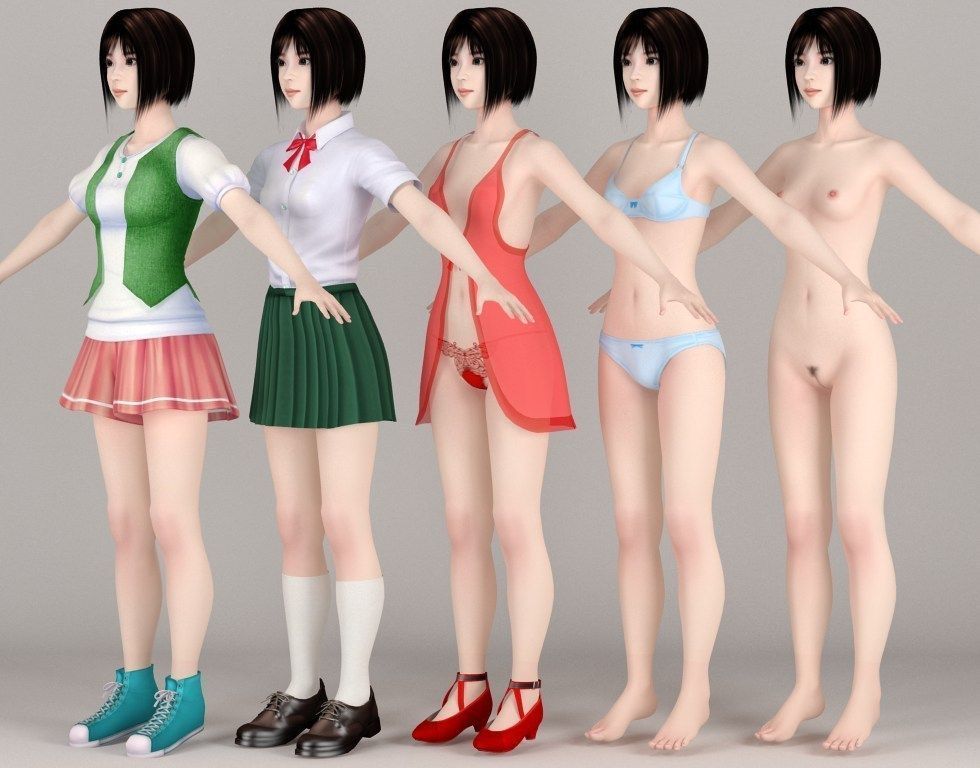  T pose nonrigged model of 10 girls with various outfits 3D model_1