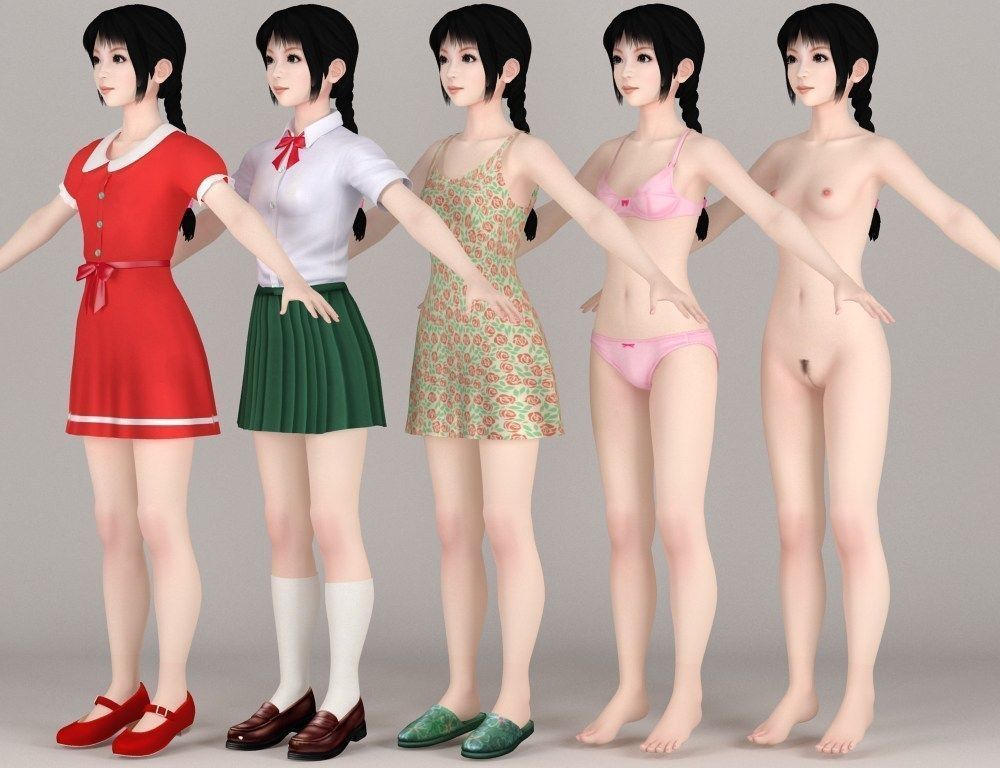  T pose nonrigged model of 10 girls with various outfits 3D model_6