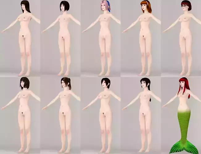 T pose nonrigged model of 10 girls with various outfits 3D model