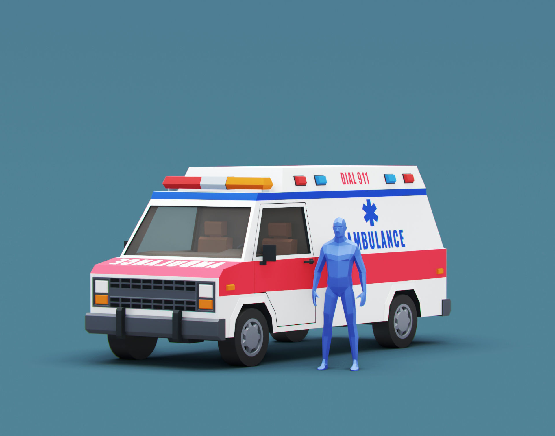 Stylized Cartoon Ambulance Vehicle 80s Low-poly 3D model_7