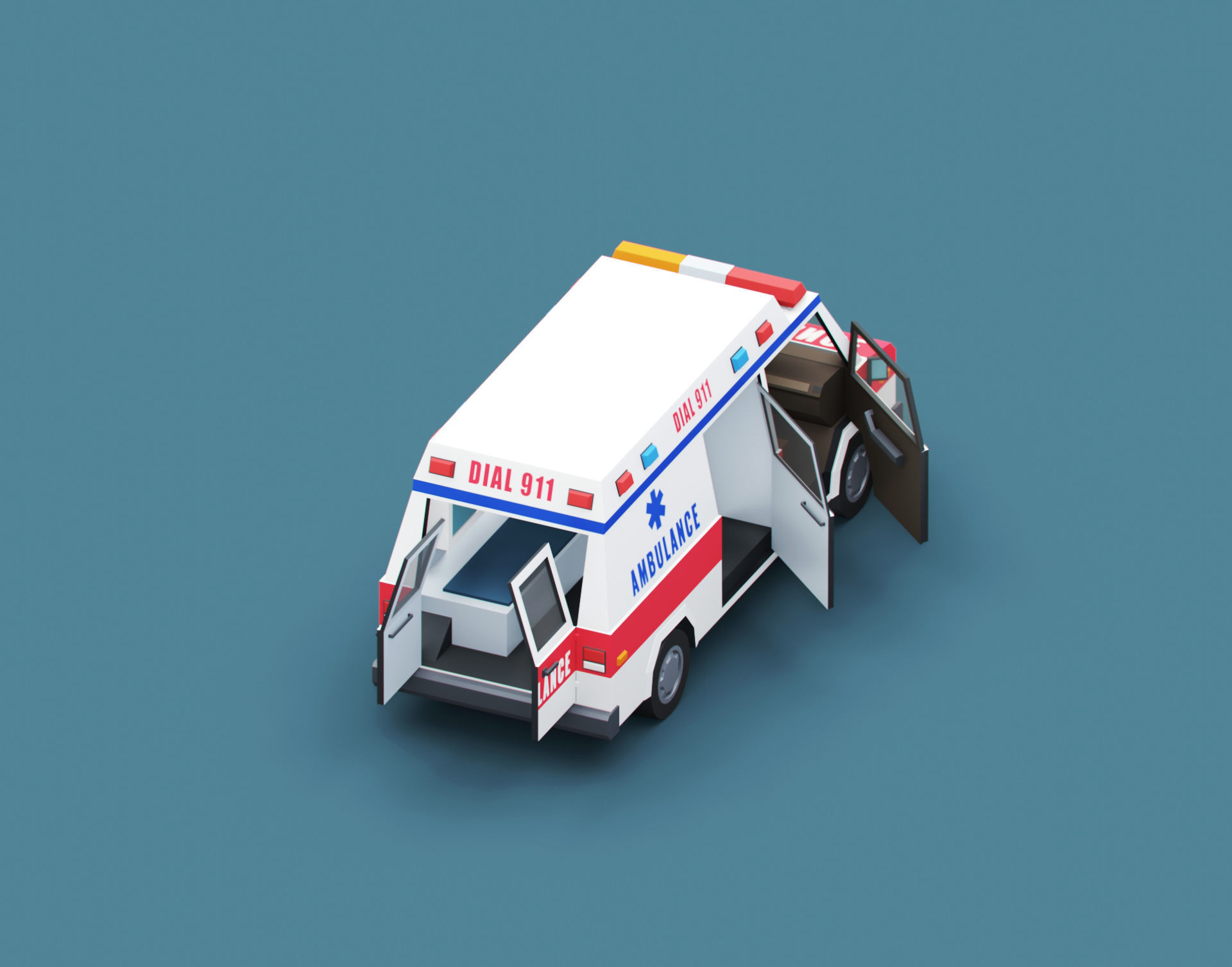 Stylized Cartoon Ambulance Vehicle 80s Low-poly 3D model_3