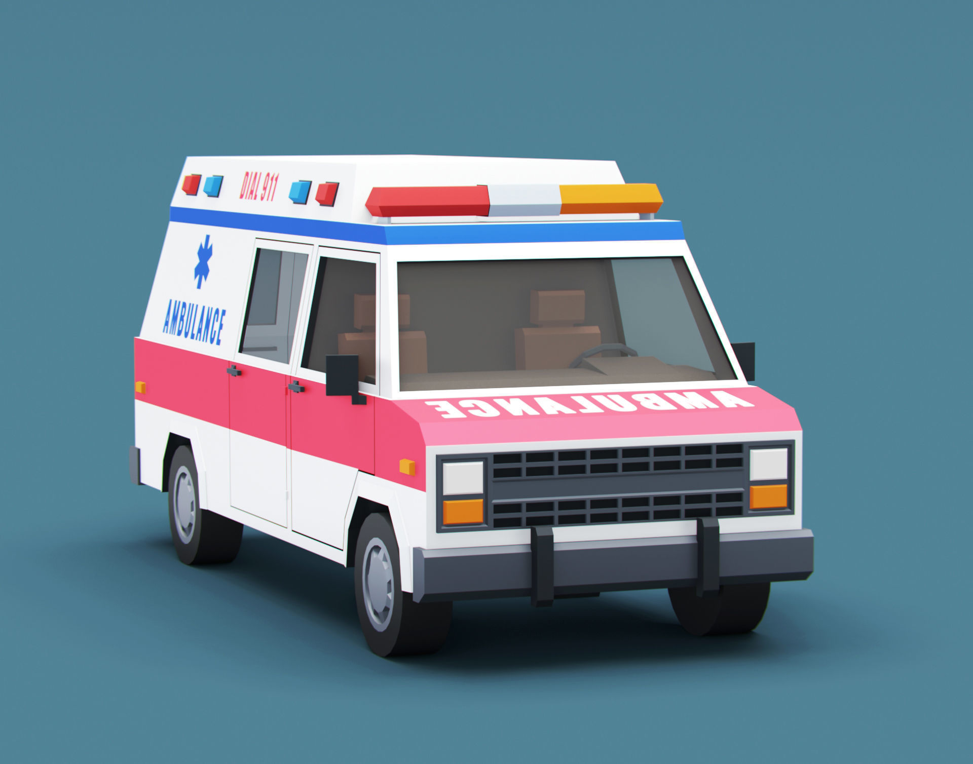 Stylized Cartoon Ambulance Vehicle 80s Low-poly 3D model_2