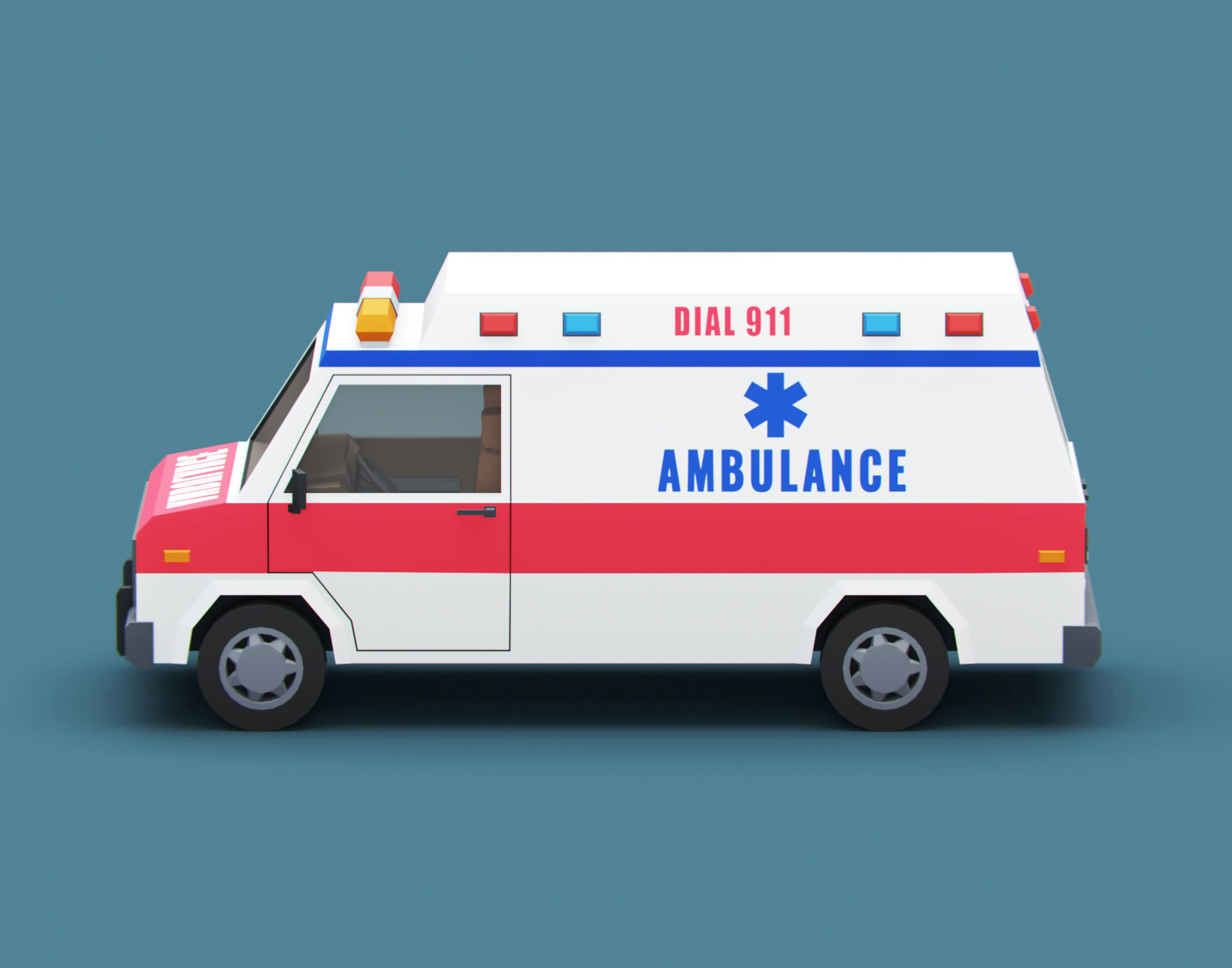 Stylized Cartoon Ambulance Vehicle 80s Low-poly 3D model_4