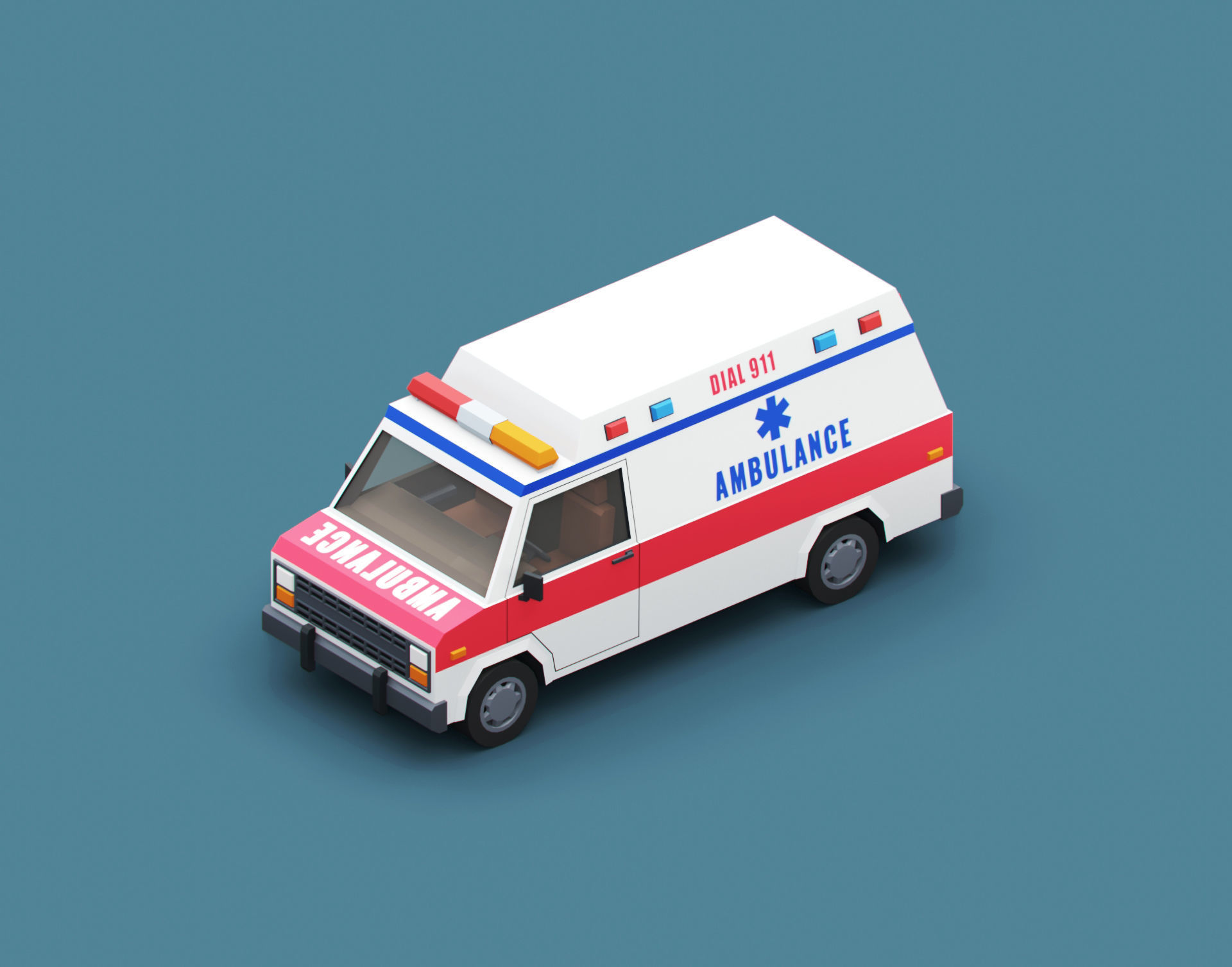 Stylized Cartoon Ambulance Vehicle 80s Low-poly 3D model_6