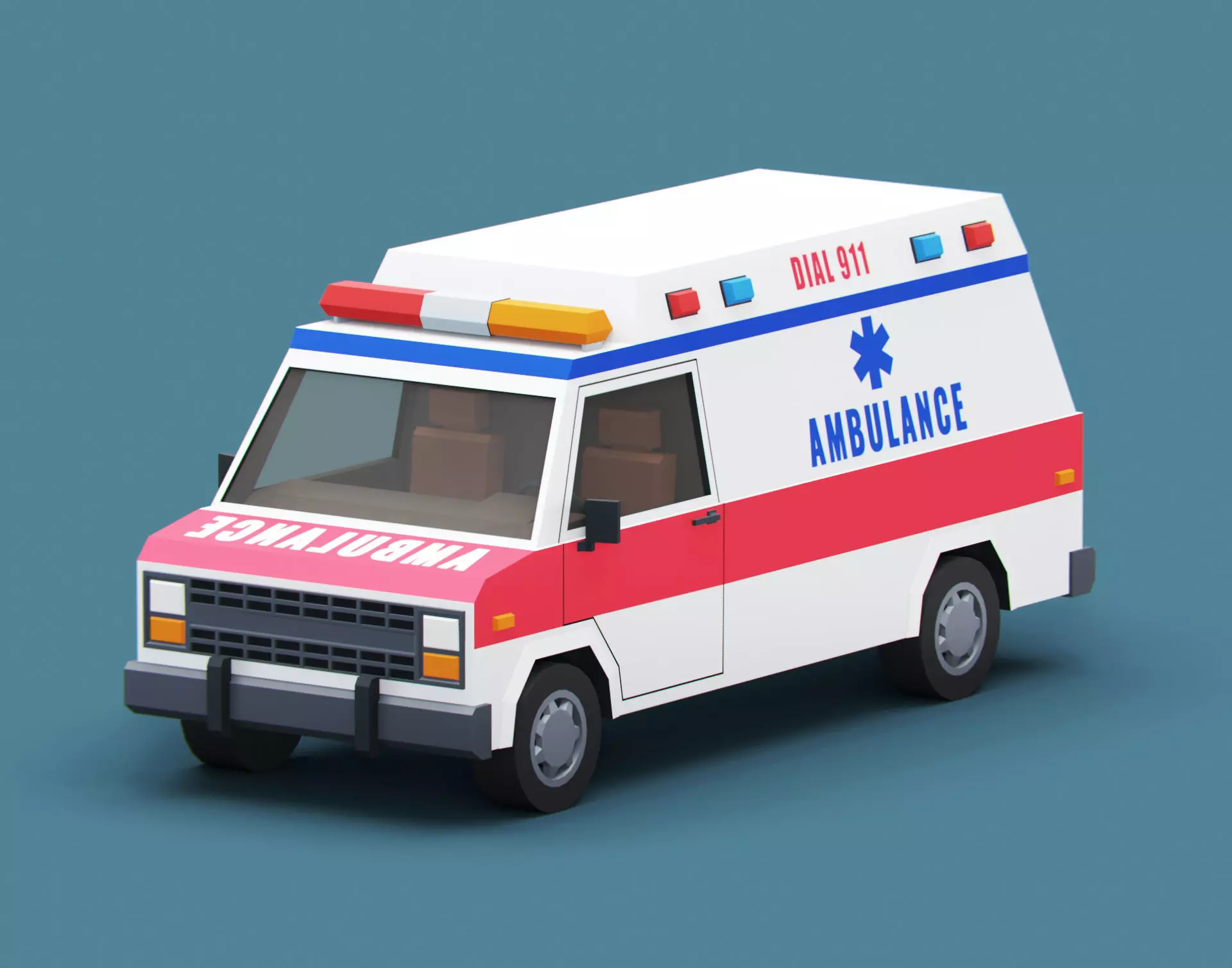 Stylized Cartoon Ambulance Vehicle 80s Low-poly 3D model_0