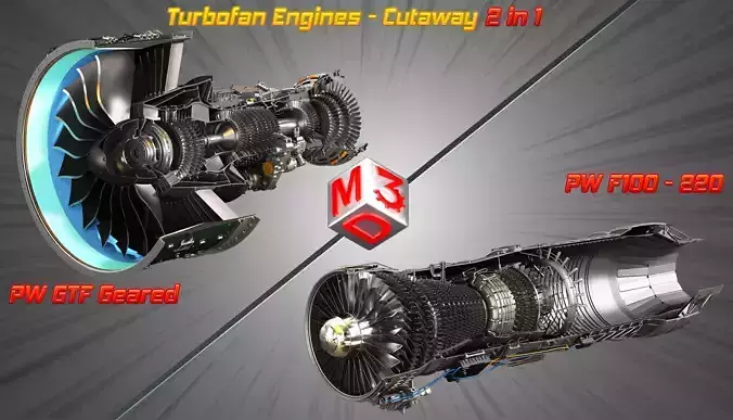 PW GTF Geared - PW F100 - 220 -Turbofan Engines - Cutaway 2 in 1 3D Model Collection