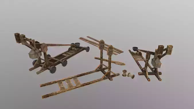 Low Poly Catapult wooden wheeled cart