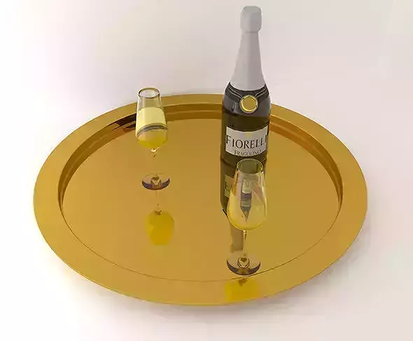 Champagne golden tray with two glasses and bottle of