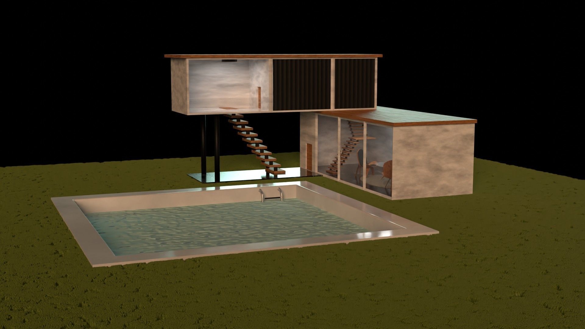 4k realistic house with pool and stairs Free low-poly 3D model_3