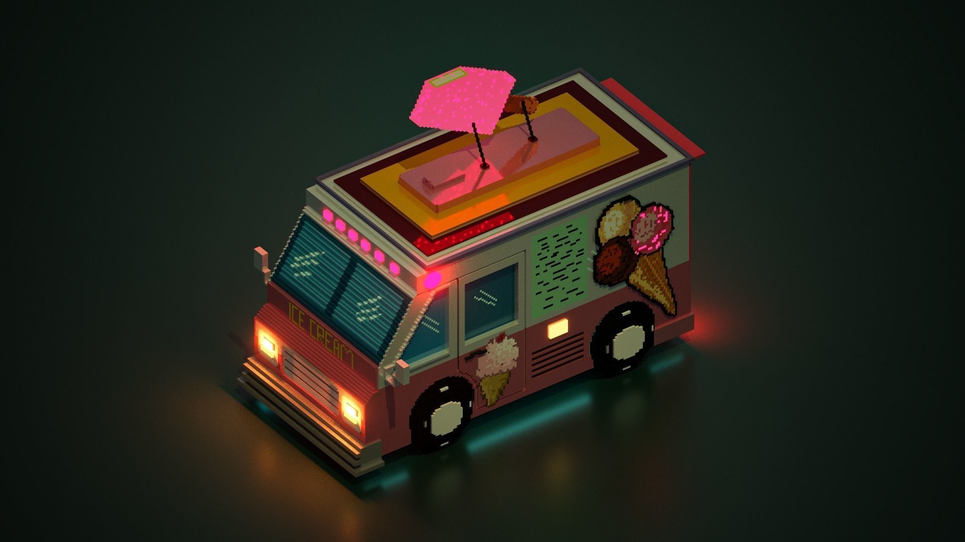 Voxel ice cream truck model Low-poly 3D model_7