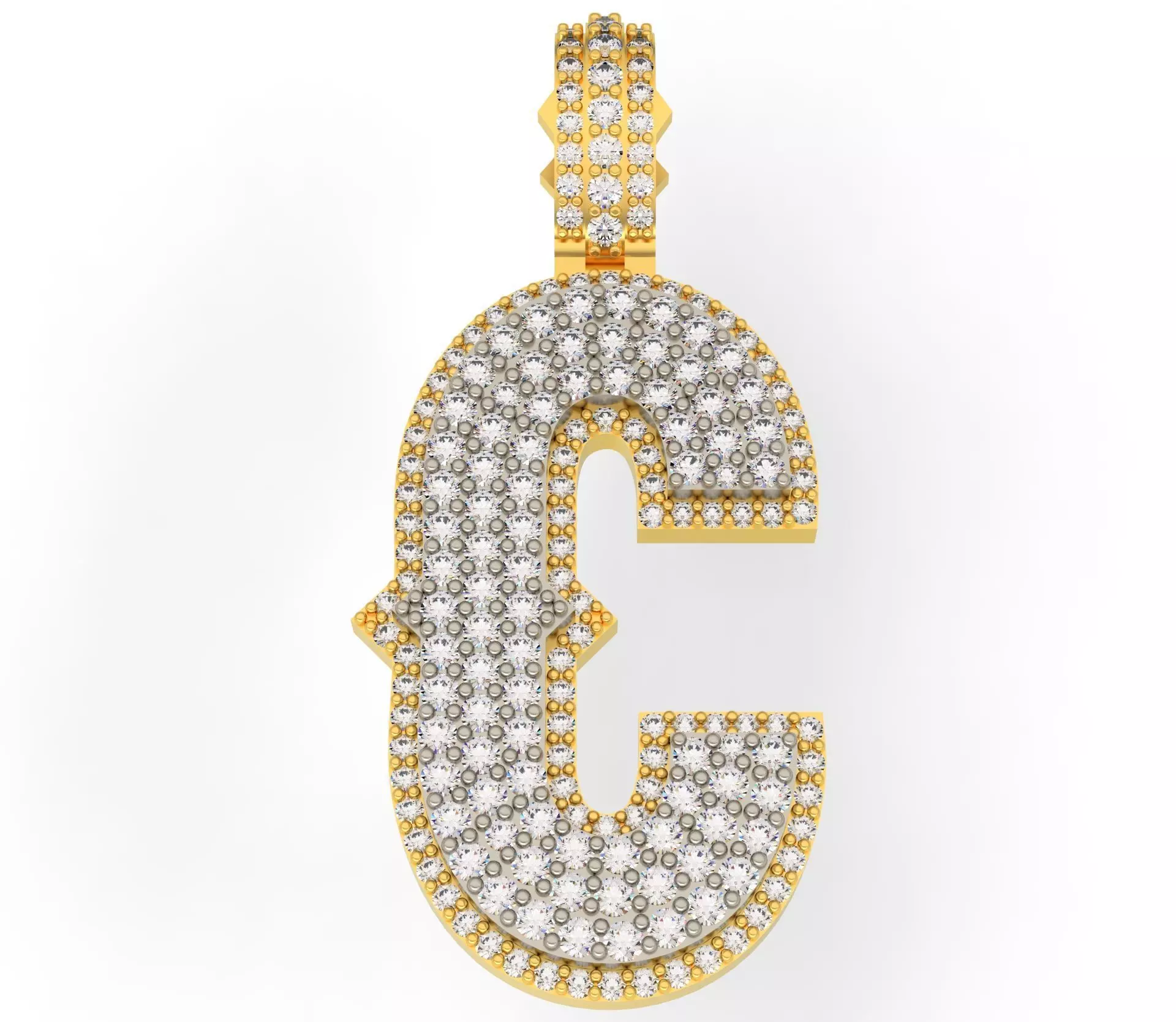 CURVED C gold letter pendant with diamonds 3D print model