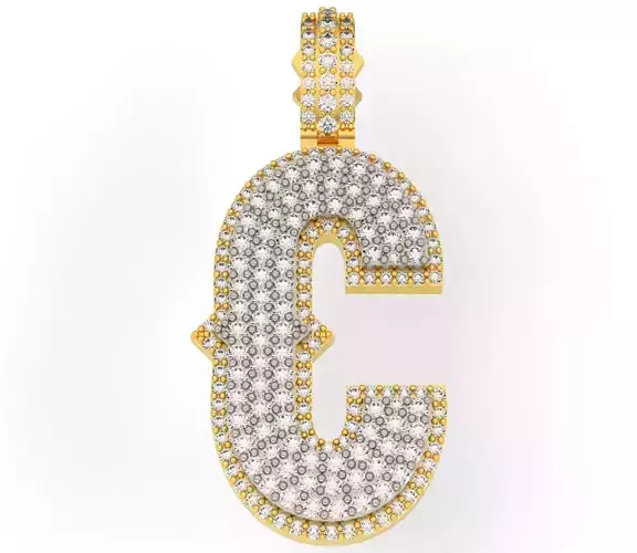 CURVED C gold letter pendant with diamonds 3D print model