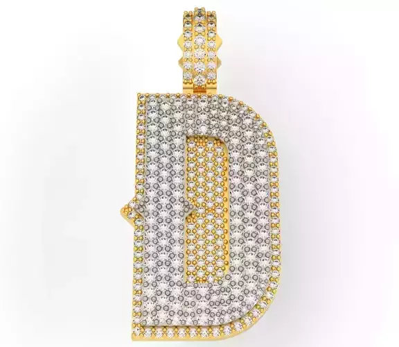 CURVED D gold and diamond pendant with letter 3D print model