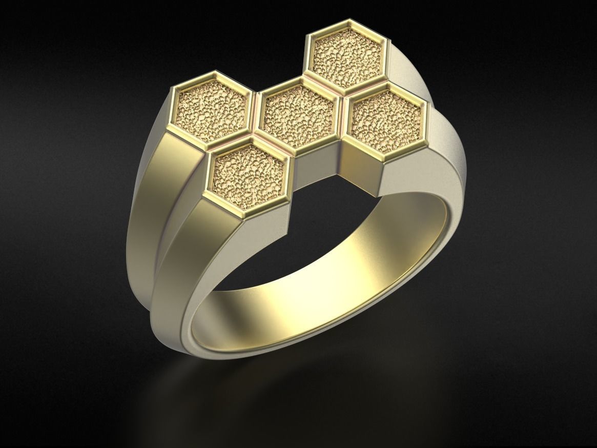 Stylish signet ring honeycomb hexagon structure 646 3D print model_10