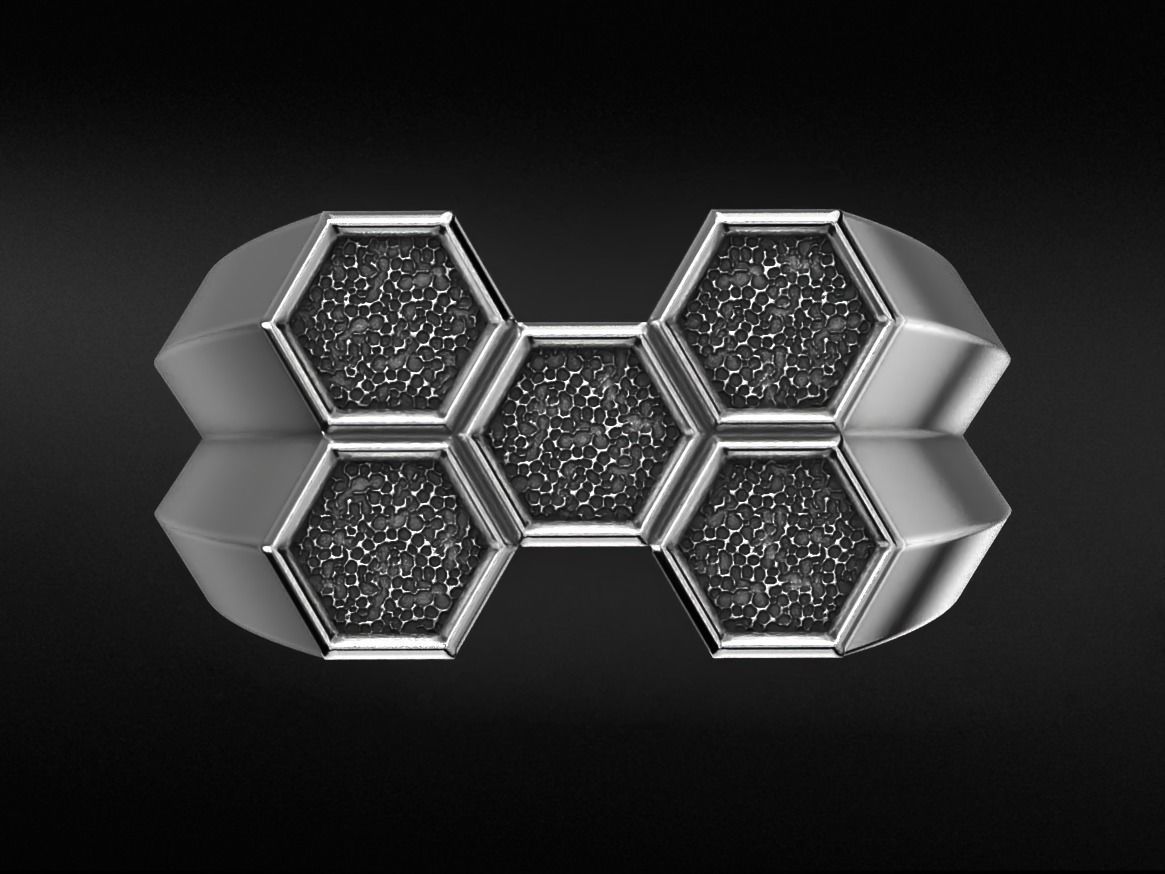 Stylish signet ring honeycomb hexagon structure 646 3D print model_1