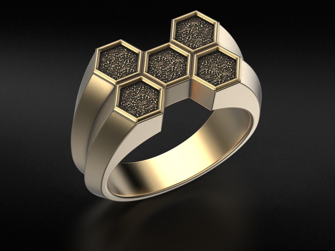 Stylish signet ring honeycomb hexagon structure 646 3D print model_2