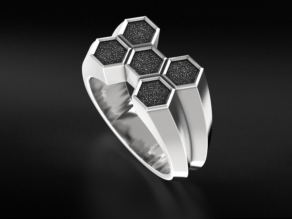 Stylish signet ring honeycomb hexagon structure 646 3D print model_4