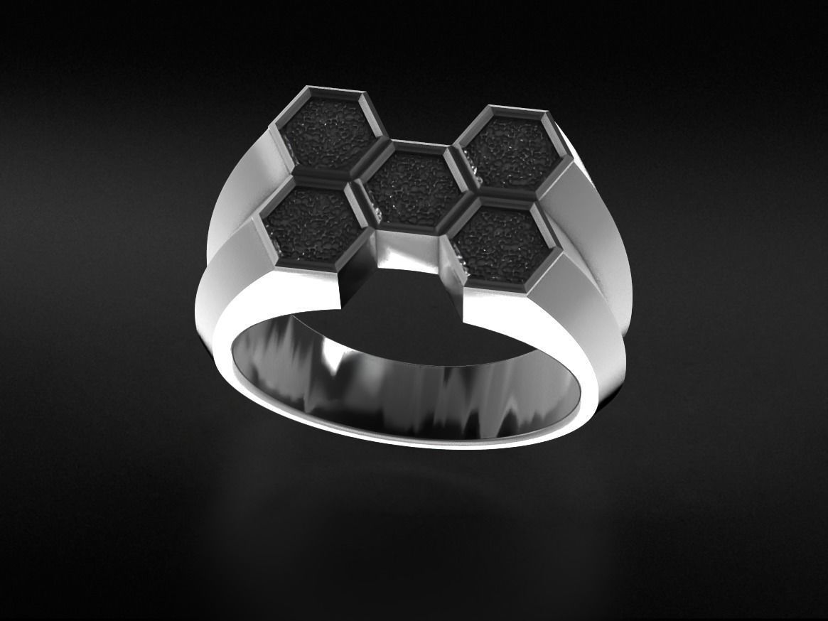 Stylish signet ring honeycomb hexagon structure 646 3D print model_6