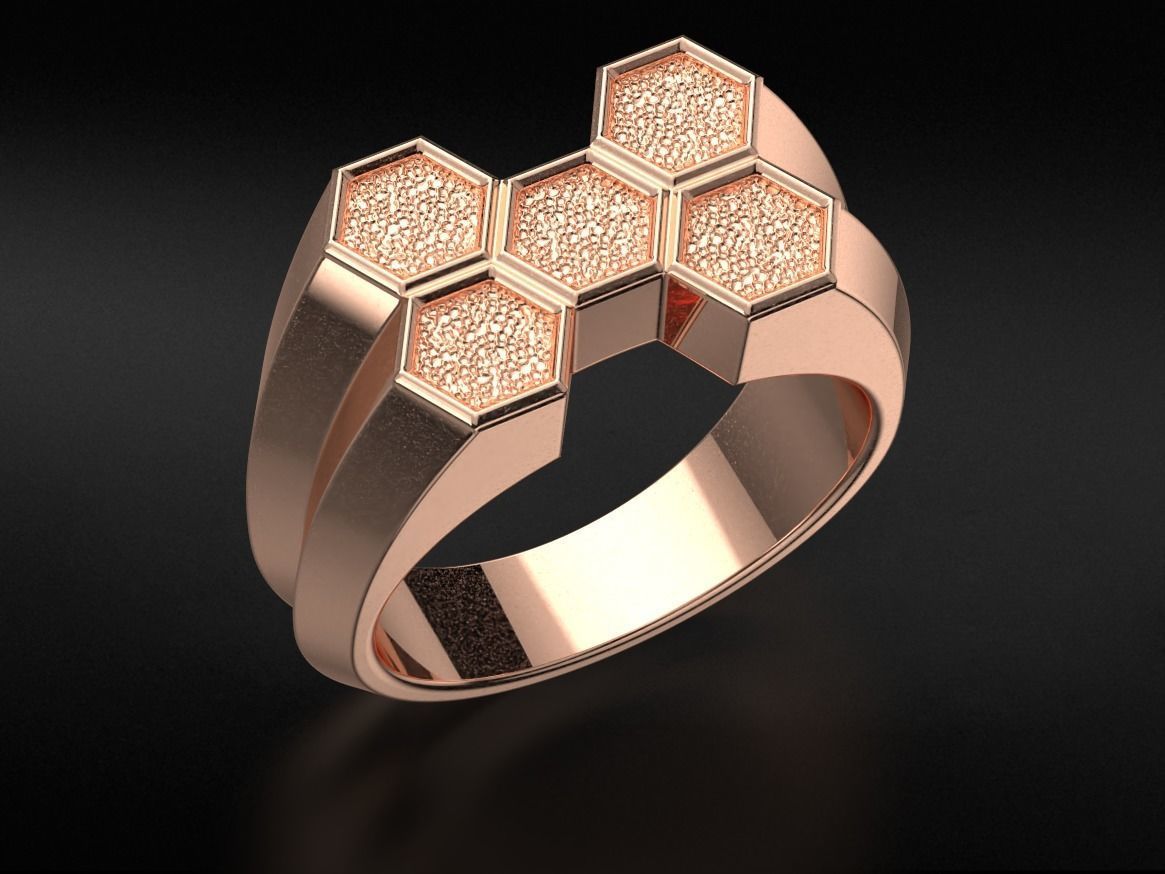 Stylish signet ring honeycomb hexagon structure 646 3D print model_11